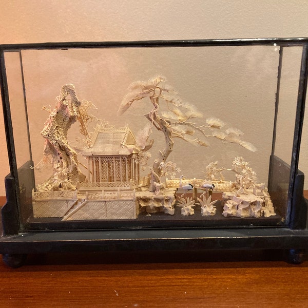 CARVED CORK SCULPTURE~ 3D Intricate Chinese Diorama Glass Display Case on Stand ~ Asian Decor Oriental Art Miniature Pagoda and Cranes