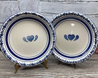 TIENSHAN Stoneware "Sponge-Blue (Hearts and Bands)" Salad Plates ~ Set of 2~ Blue and White Plates Sponge~ware  Edging / Blue Bands