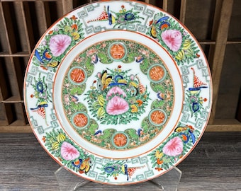 Chinese Rose Medallion Style Porcelain Plate Floral Bird Motif Vintage Decorative Display