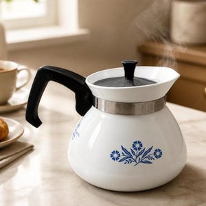 May include: A white ceramic teapot with a black handle and a black lid. The body of the teapot features a blue floral pattern. A metallic silver band encircles the upper portion of the teapot, and steam rises from the top of the lid.