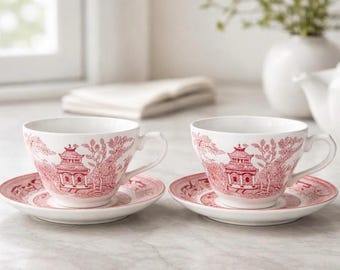 Churchill England Red Willow Cup & Saucer Pink Willow Transferware Set Made in England
