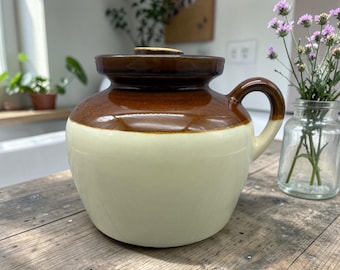 Jarra de cerámica vintage RRP Roseville con tapa, esmalte marrón con efecto goteo, estilo rústico de granja.