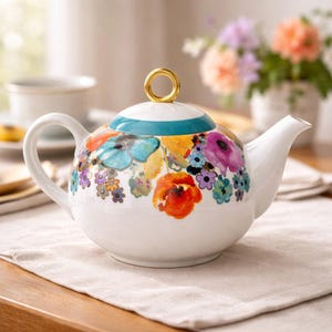 Grace's Teaware Colorful Floral Ceramic Teapot (32 oz) Cottagecore Gold Trim