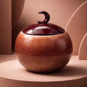 May include: A round, ceramic jar with a lid, displayed on a pedestal. The jar has a textured, speckled surface in shades of brown and orange. The lid is a deep burgundy color with a crescent-shaped handle.