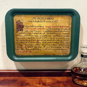 Vintage barbricka grön metall serveringsbricka “Whiskyens dygder” Man Cave-dekor Pub Bartillbehör Retro Hembar
