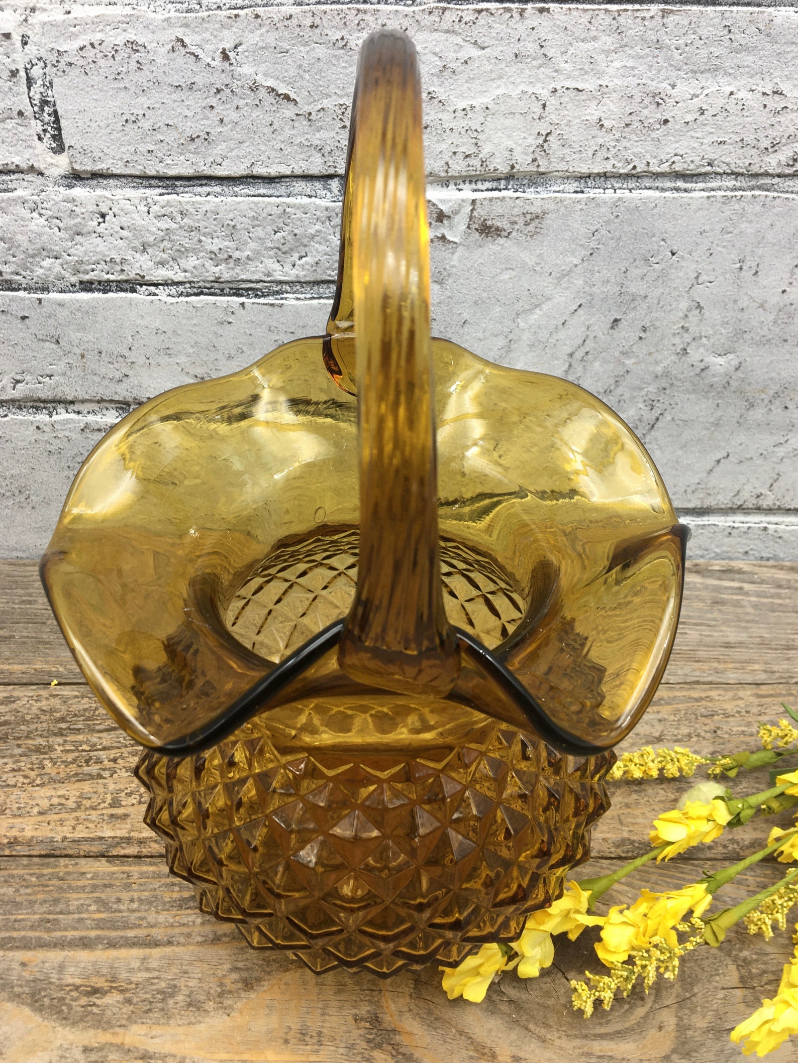Vintage Collectible Amber Glass Basket With Handle Diamond Etsy