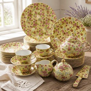 May include: A dinnerware set featuring a yellow background with a pink and green floral pattern. The set includes multiple plates, teacups with matching saucers, a teapot, a creamer, a sugar bowl with a lid, and a cake server with a floral handle.