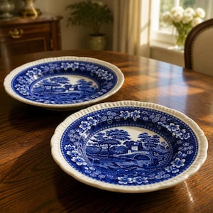 May include: Two round ceramic soup bowls featuring a classic blue and white transferware pattern. The design depicts a landscape with a stone bridge, trees, and buildings, surrounded by a decorative floral border on the scalloped rim.