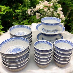 TIENSHAN Jingdezhen Porcelain Sake-Teacups / Rice Bowls / Cup & Saucer~DRAGON Translucent Rice Grains (Rice Eyes) Blue / White Made in China