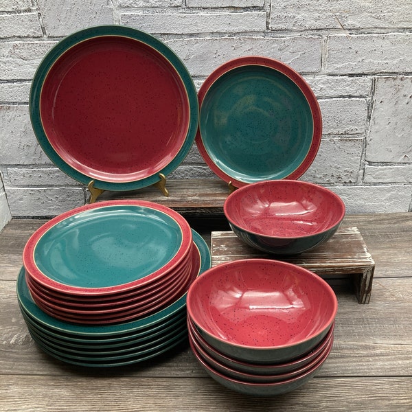 DENBY Langley Stoneware Green & Red Speckled ~ Harlequin Pattern ~ One Lunch / Salad Plate OR Cereal / Soup Bowl OR Dinner Plate