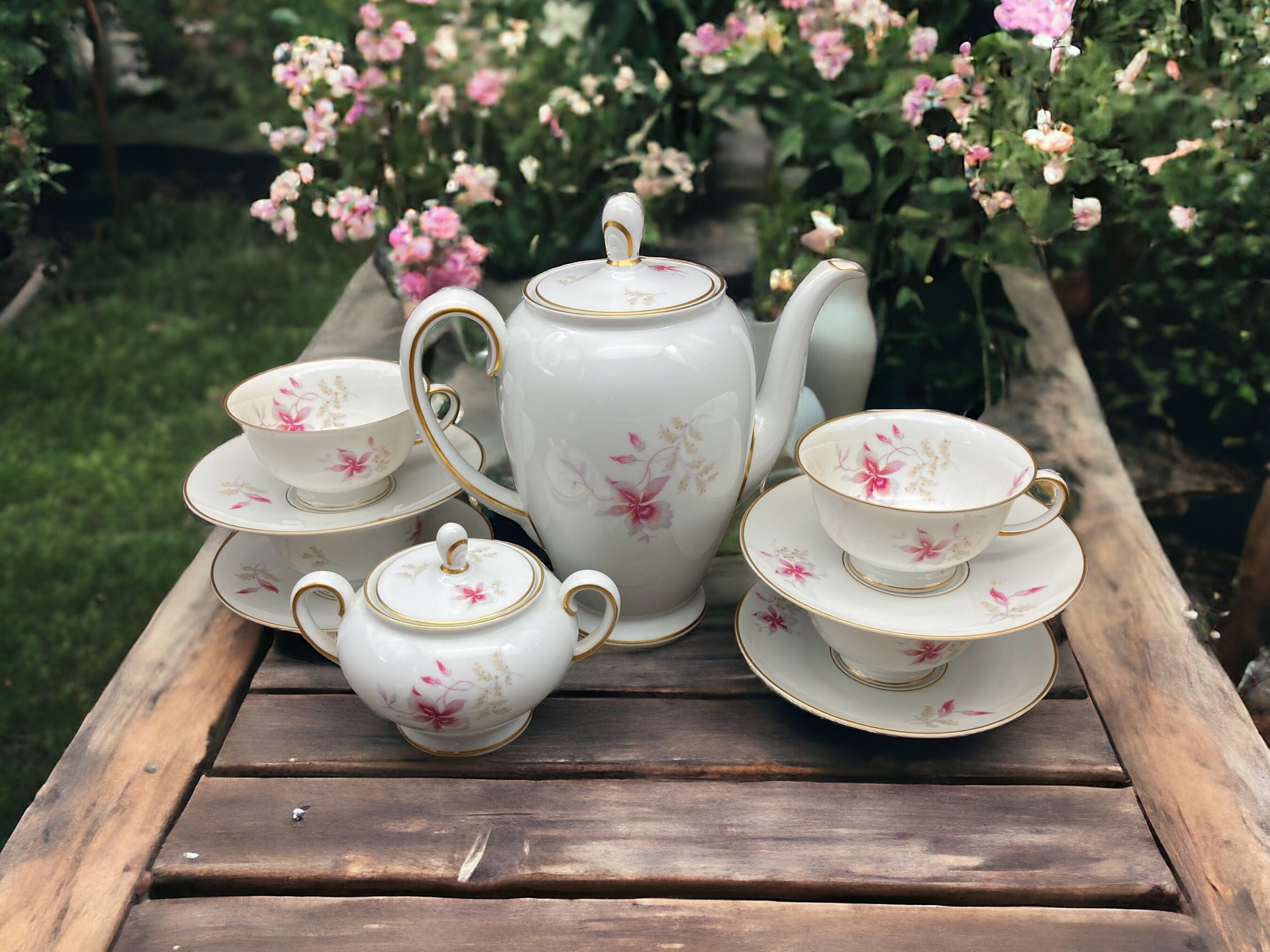 1950s Rosenthal Orchid China: Bavaria Coffee Pot, Sugar Bowl, or