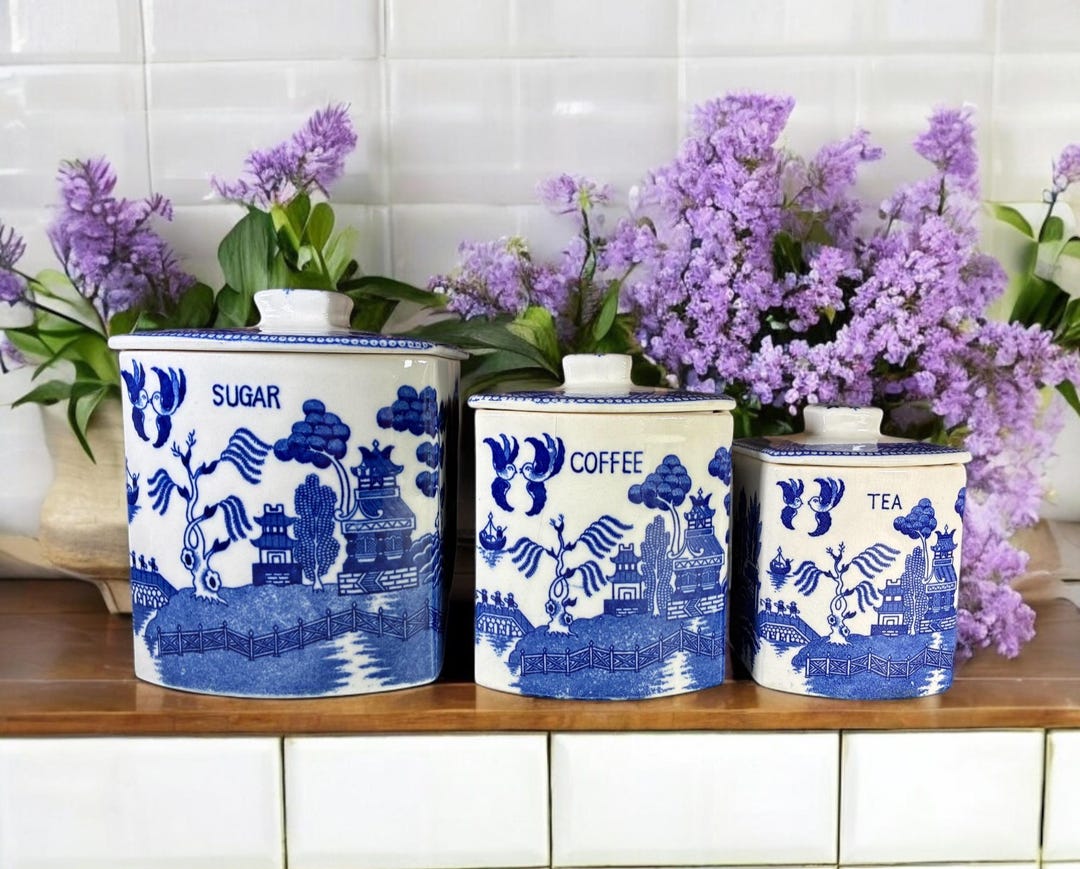 BLUE WILLOW Ceramic Square Kitchen Canisters ~sugar/ Coffee / Tea~ Blue ...