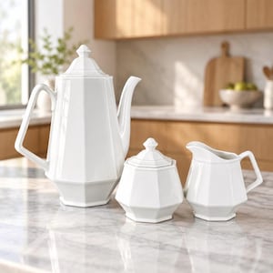 May include: A white ceramic tea set consisting of a tall teapot with a lid, a sugar bowl with a lid, and a creamer pitcher. Each piece features a distinct geometric, multi-faceted design with sharp vertical edges and a glossy, smooth finish.