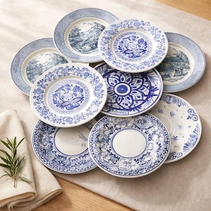 May include: A collection of blue and white decorative plates with various patterns, including floral, landscape, and geometric designs. The plates are arranged on a neutral-colored surface, showcasing their intricate details and classic aesthetic. The plates are a mix of sizes and shapes.