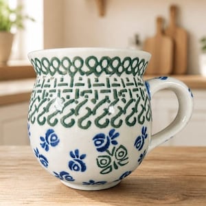 May include: A round ceramic mug with a white base, featuring a green geometric pattern around the rim and a blue and green floral motif on the body. The mug has a curved handle and a wide, rounded shape, showcasing a hand-painted style design.