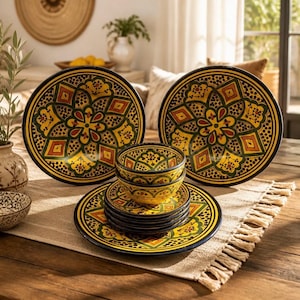 May include: A set of ceramic dinnerware featuring two large plates, a stack of smaller plates, and two nested bowls. Each piece displays a vibrant yellow, green, and dark red geometric floral pattern with black outlines and intricate dot details.