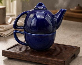 Cobalt Blue Teapot With Cup Set~ Tea For One~ GHA China Stackable Teapot & Mug