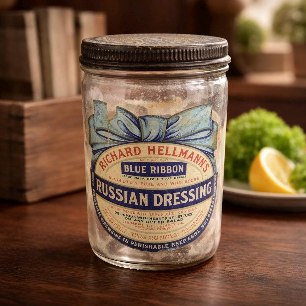 blue ribbon dressing Vintage Hellmann's Russian Glass Advertising Jar W/ Lid Fishtail Blue and white womens-tennis-dresses length dress Size:20 (34/35)