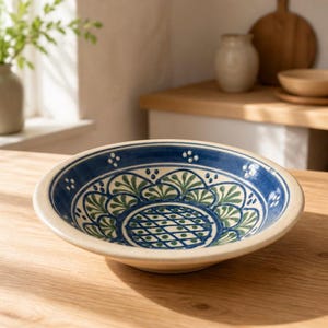 May include: A shallow ceramic bowl featuring a hand-painted design with a central blue and green lattice pattern, surrounded by a ring of green fan-shaped motifs and a wide blue border with white dots on a cream-colored base.