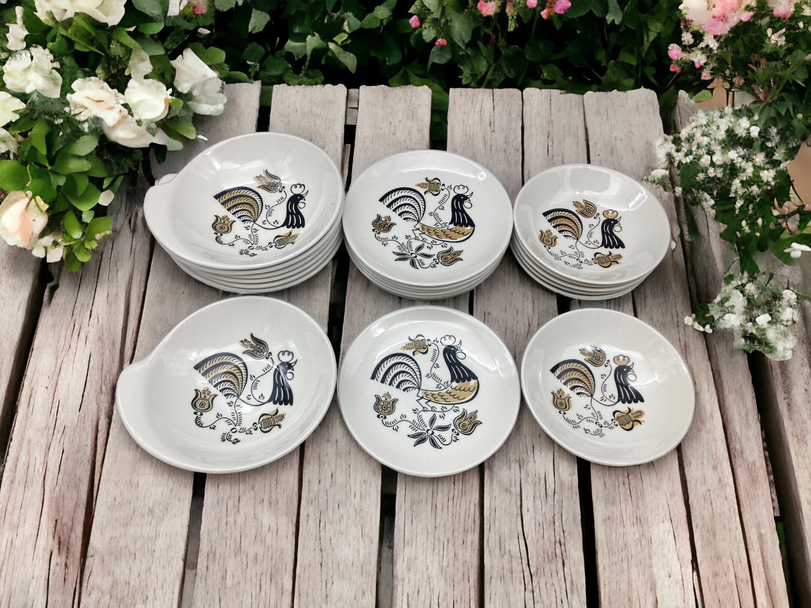 MCM Royal China Rooster Good Morning / Break-of-Day Made in USA ~Lugged Cereal or Dessert Bowls / Bread Plates~ Farmhouse Country Kitchen
