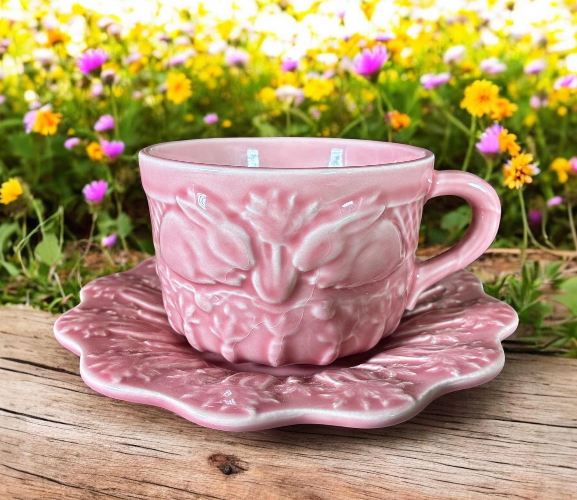 Bordallo Pinheiro Rabbit Pink Majolica Cup and Saucer - Portugal