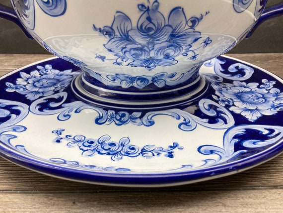 Hand-painted Soup Tureen: Alcobaca Portugal Blue Floral With Lid