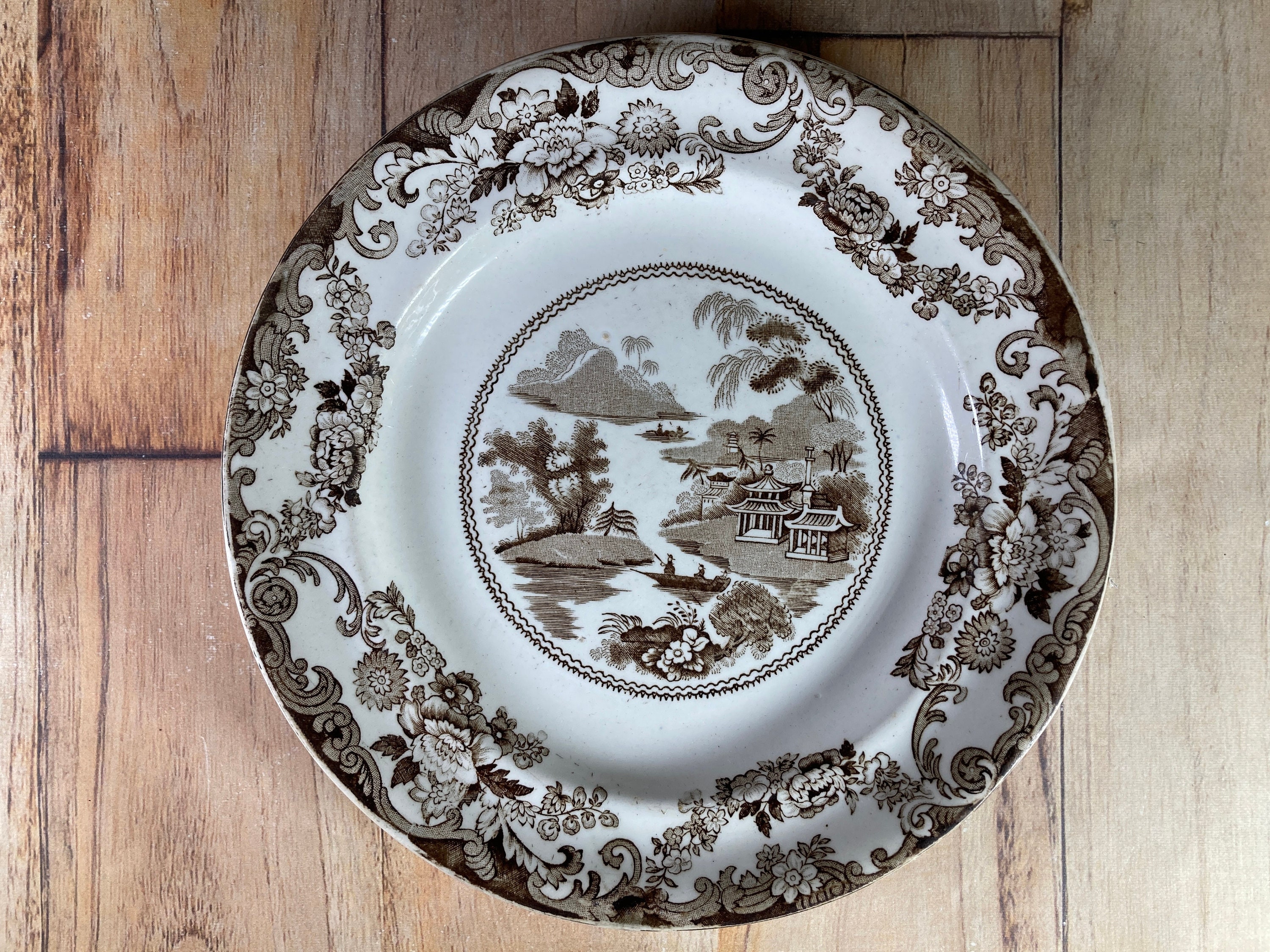Antique Brown Transferware Plate: English Minerva Display Plate by