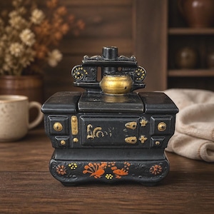 Vintage Nelson McCoy Cook Stove Cookie Jar Matte Black Pottery Farmhouse Kitchen Canister USA
