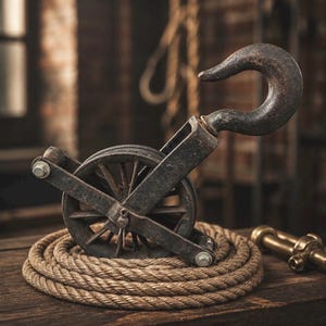 May include: An antique metal pulley with a large hook, wheel, and supporting frame. The pulley is dark gray and sits atop a coiled rope. A brass fitting is visible in the background. The items are on a wooden surface, evoking a vintage aesthetic.