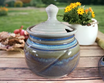 Handmade Signed Pottery Lidded Jar ~ Blue and Green Glazed Sugar Bowl Farmhouse / Country / Cottage Core Kitchen or Bath stoneridgeattic