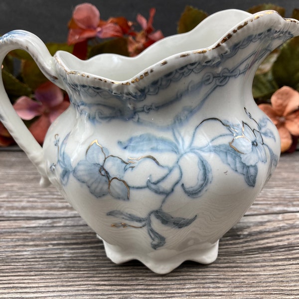 Johnson Brothers The "Lothair" Pattern Antique Creamer Floral Pattern Blue & White Gold Accents Made in England Farmhouse Country Kitchen