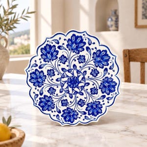 May include: A round ceramic plate with a scalloped edge, featuring a white base decorated with intricate blue floral patterns and swirling vine motifs arranged in a symmetrical, radial design across the entire surface.