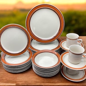 Moonstone Stoneware: Vintage Japan Dinnerware, Brown Floral Rim