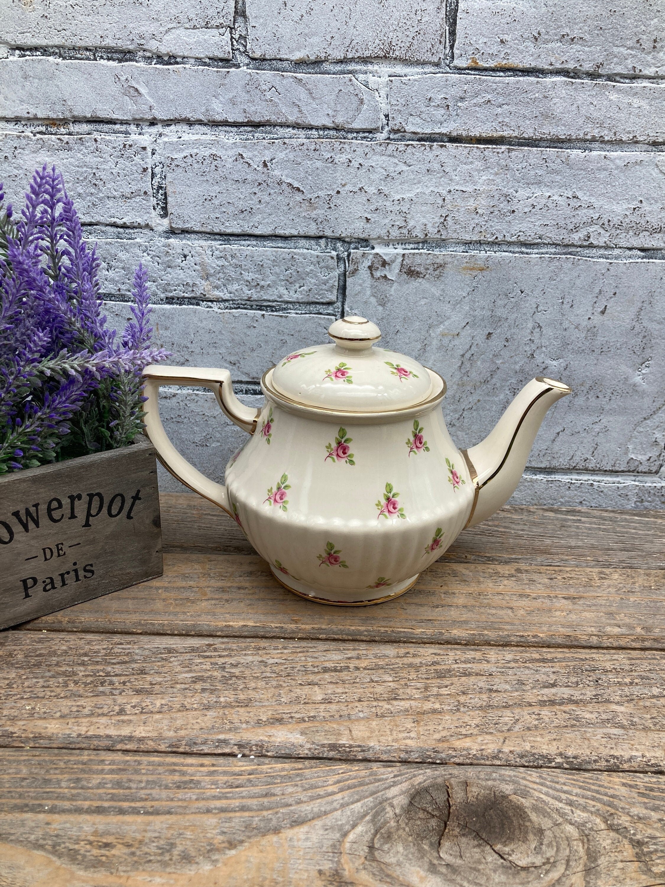 SADLER Teapot Staffordshire England Pink Roses Gold Accents Etsy