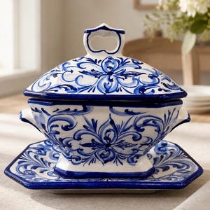 RCCL Portugal Hand Painted Small Covered Tureen with Underplate | Blue and White Dish