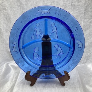 1930s &quot;See-Saw Margery Daw ~ Where Are You Going My Pretty Maid&quot; Blue Cobalt Glass 3 Sectioned Divided Plate Child&#39;s Plate stoneridgeattic