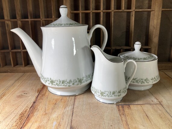 Mikasa Montclair Teapot & Sugar Creamer Set: Green Floral Platinum