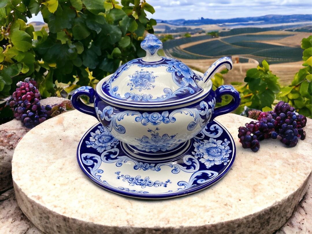 Hand-painted Soup Tureen: Alcobaca Portugal Blue Floral With Lid