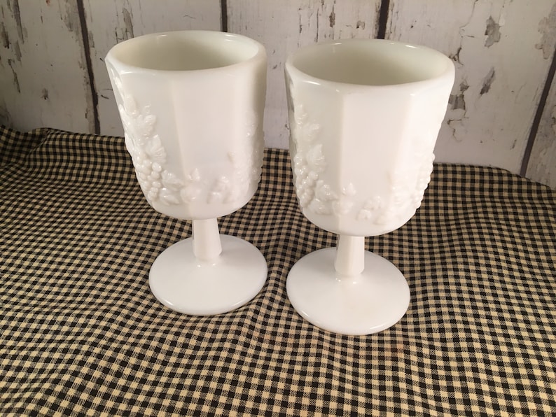 Vintage Milk Glass 8 oz Drinking Glasses 2 Footed Goblets Etsy