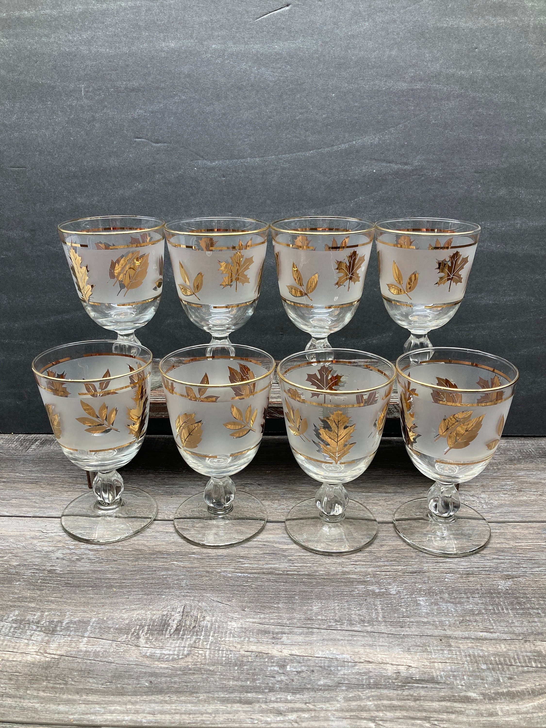 Vintage Libbey Stemmed Wine Glass Set of Eight, Hostess Glassware with Leaves, Leaf Design