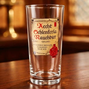May include: A clear glass beer pilsner with a label featuring the text "Aecht Schlenkerla Rauchbier" in red and brown. The label also includes the text "Brauerei Heller Bamberg Seit 1678" and a red wax seal.