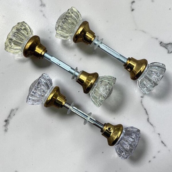 Vintage Glass Door Knobs Set Brass Hardware Clear Crystal Style Architectural Salvage 3 Sets