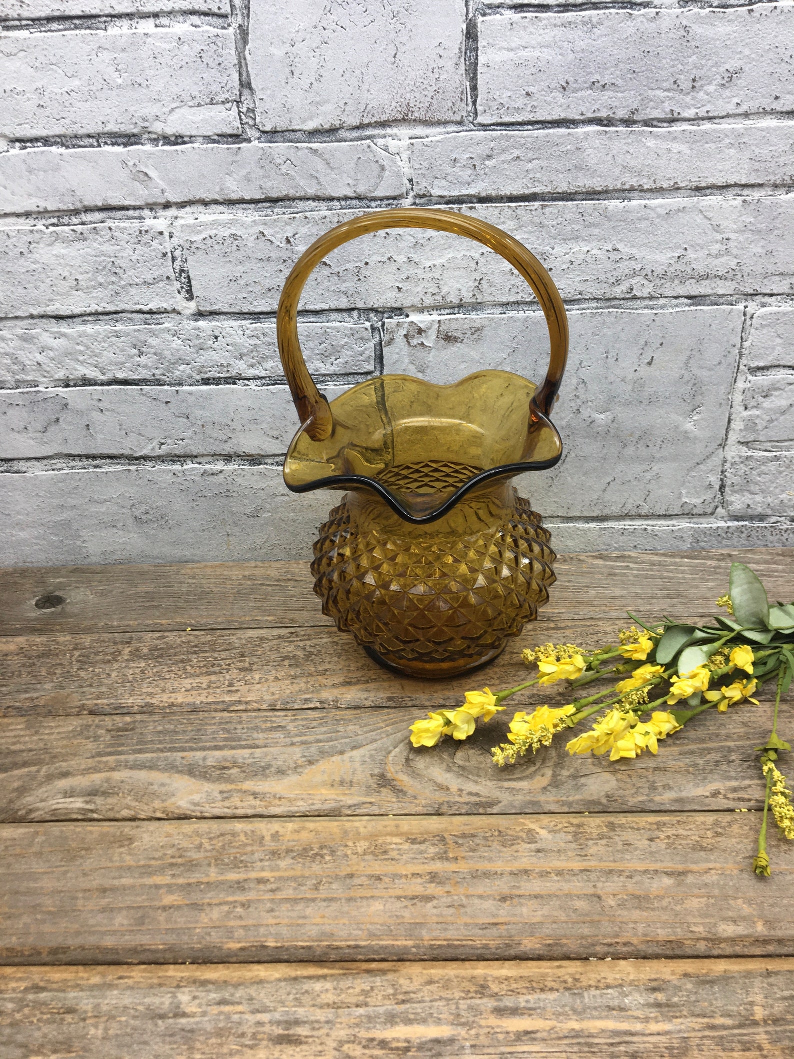 Vintage Collectible Amber Glass Basket With Handle Diamond Etsy