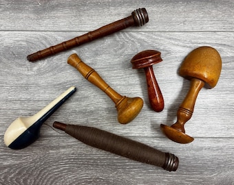 Antique / Vintage Sewing Tools – Wooden Sock Darners, Glove Darner, Celluloid Darner, Spindle & Bobbin