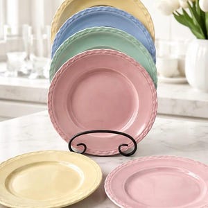 May include: A set of pastel-colored ceramic plates in pink, green, blue, and yellow, displayed in a black metal plate rack. Two additional plates are on the counter. The plates have a decorative rope-like border. A white vase with white flowers is in the background.