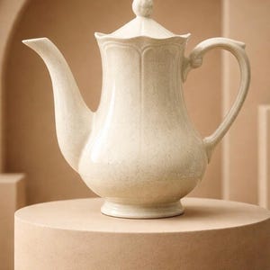 May include: A cream-colored ceramic teapot with a lid and a curved spout. The teapot has a rounded body and a handle. It is sitting on a round, beige pedestal. The background is a neutral beige.