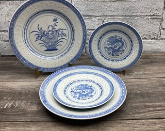 Chinese Dragon Rice Eyes 8\u201d Plate Vintage China Blue and White Porcelain Vintage Blue and White China China Rice Grain Plate