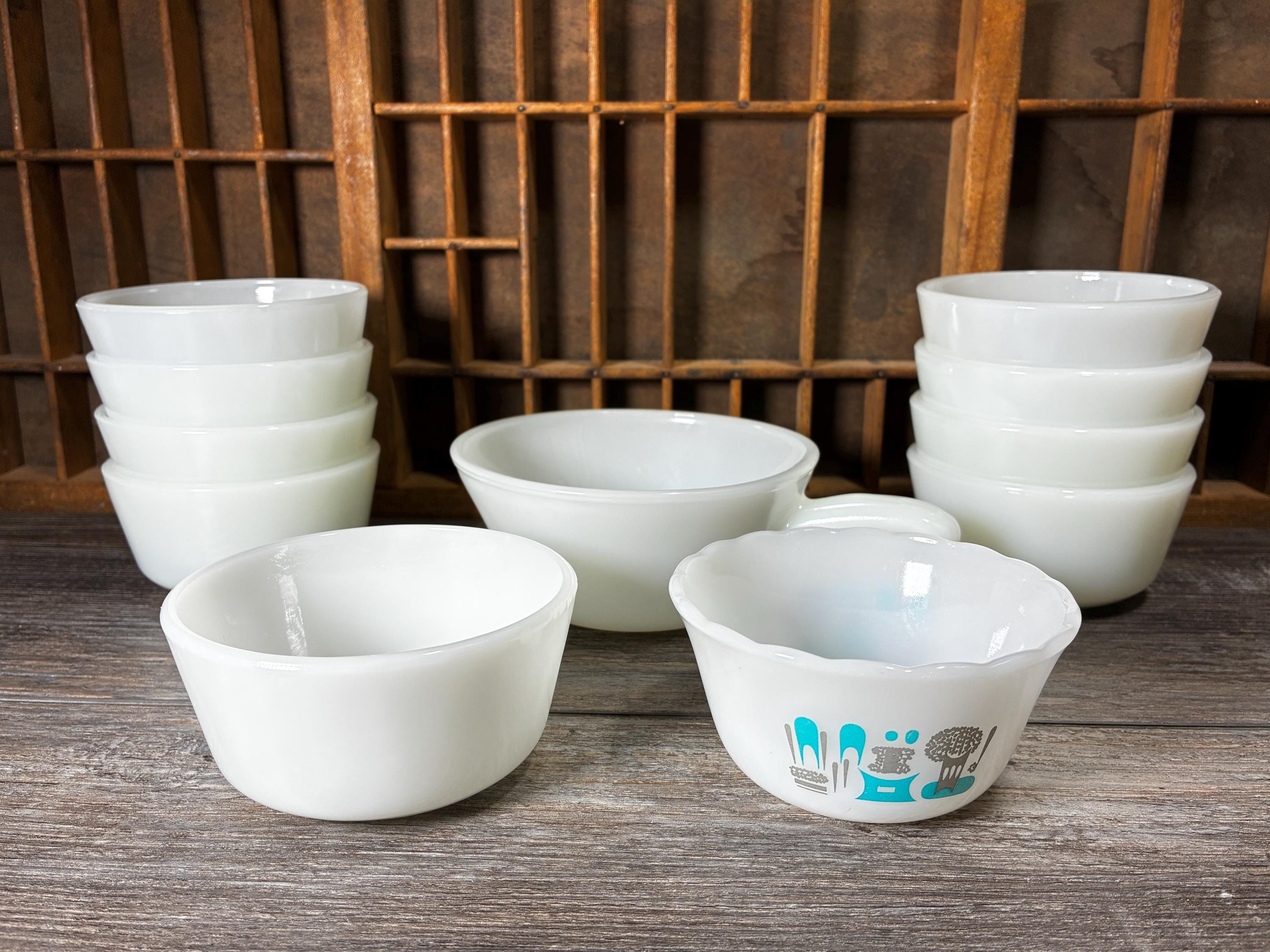 Anchor Hocking Fire-king Milk Glass Bowls | Custard Dishes & Blue