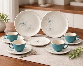 Salem North Star Atomic Starburst MCM Dinnerware Teal ~Plates or Cups and Saucers YOU CHOOSE!