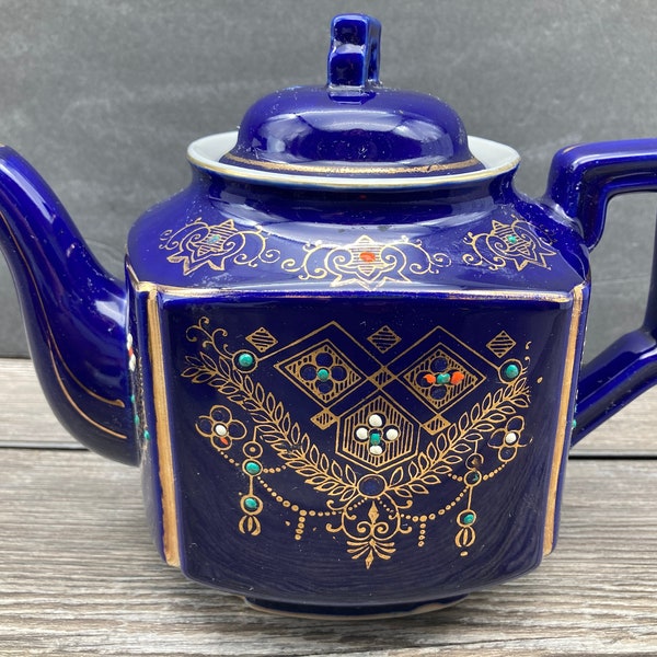 Cobalt Blue Hand Painted Porcelain 40 Ounce TT Takito Japanese Moriage Teapot Gold Accents Oriental / Asian Decor stoneridgeattic